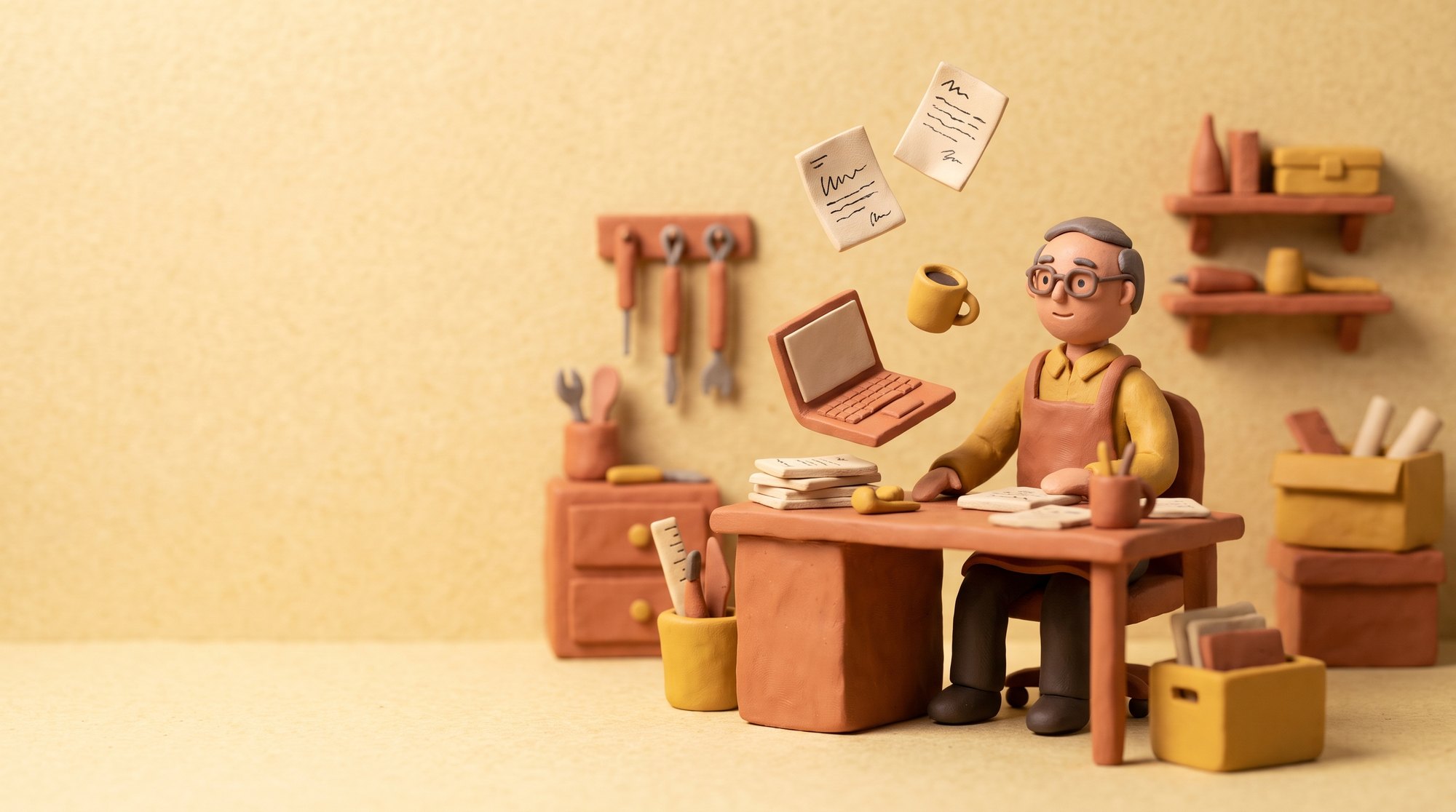 A handmade clay founder figure working at a tiny desk on a stop-motion set