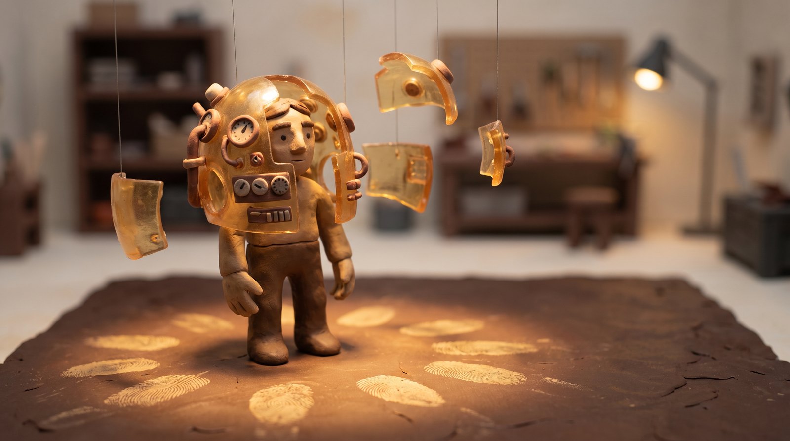 A translucent amber exoskeleton assembling around a clay founder figure