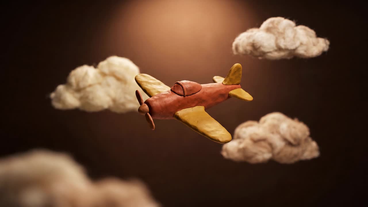 A clay 1940s plane flying against a dark stage, the first frame of the XO film